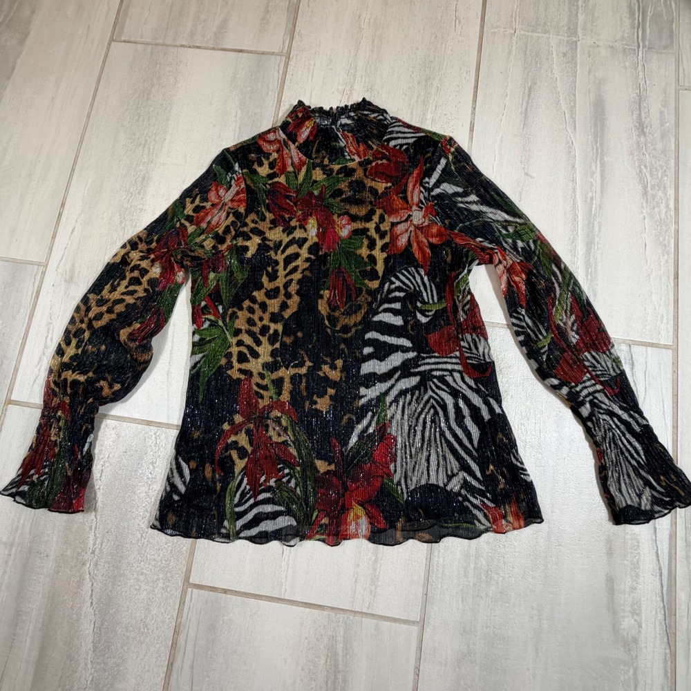 Chicos Mixed Animal Floral Metallic Mock Neck Plisse Blouse Black Multi Size 0 S